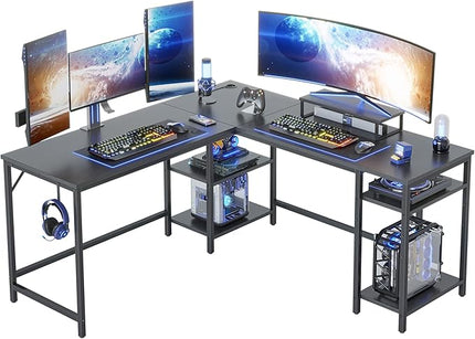 BANTI L Shaped Desk with Storage, 59 Inch Reversible Corner Computer Desk or 2 Person Long Table Desk, Home Office Large Gaming Writing Storage Workstation with Monitor Stand, Black - LeafyLoom