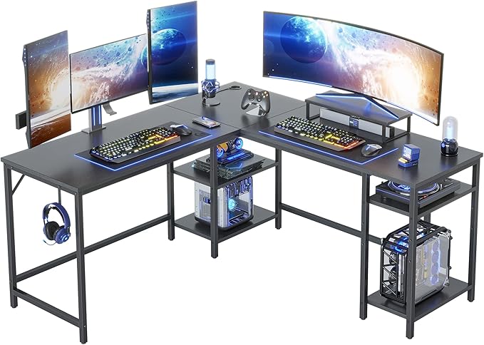 BANTI L Shaped Desk with Storage, 59 Inch Reversible Corner Computer Desk or 2 Person Long Table Desk, Home Office Large Gaming Writing Storage Workstation with Monitor Stand, Black - LeafyLoom