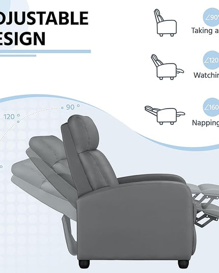 Yaheetech Recliner Chair PU Leather Recliner Sofa Home Theater Seating with Lumbar Support Overstuffed High-Density Sponge Push Silver Gray Recliners - LeafyLoom