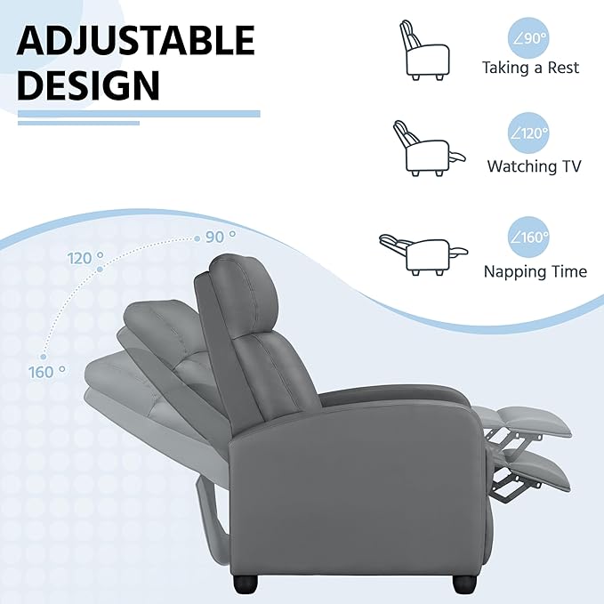 Yaheetech Recliner Chair PU Leather Recliner Sofa Home Theater Seating with Lumbar Support Overstuffed High-Density Sponge Push Silver Gray Recliners - LeafyLoom