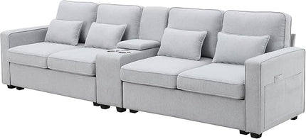 114" Modern Sofa, 4-seat Couch with Console, 2 Cupholders and 2 USB Ports Wired or Wirelessly Charged and 4 Pillows for Living Room, Apartment, 114.2inch, Light Gray - LeafyLoom