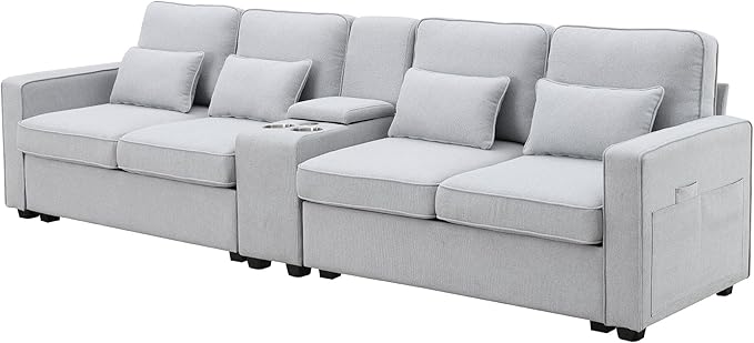 114" Modern Sofa, 4-seat Couch with Console, 2 Cupholders and 2 USB Ports Wired or Wirelessly Charged and 4 Pillows for Living Room, Apartment, 114.2inch, Light Gray - LeafyLoom
