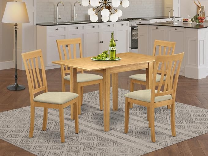 East West Furniture NDAN5-OAK-C Norden 5 Piece Room Set Includes a Rectangle Kitchen Table with Dropleaf and 4 Linen Fabric Upholstered Dining Chairs, 30x48 Inch, Oak - LeafyLoom
