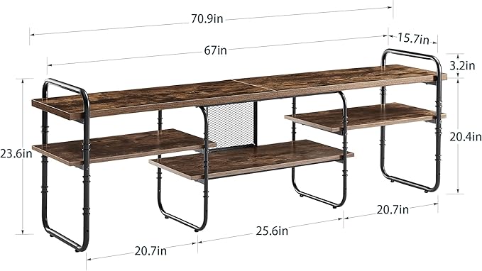 VECELO Industrial Television Stand up to 75 Inch TV Entertainment Center/Media Console Table with Open Storage Shelves for Living Room/Bedroom, Classic Brown - LeafyLoom