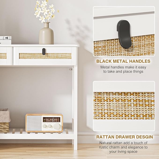 Knowlife Rattan Console Table with Drawers, Entryway Table Sofa Table with Storage Shelf, Narrow Long Behind Couch Table for Entryway, Living Room, Hallway, White - LeafyLoom