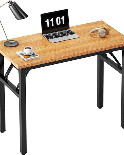 Need Small Computer Desk 31.5 inches Folding Table No Assembly Sturdy Small Writing Desk Folding Desk for Small Spaces, Teak Color Desktop and Black Steel Frame - LeafyLoom