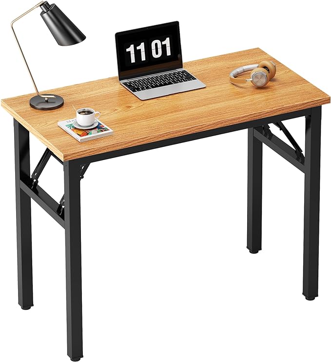 Need Small Computer Desk 31.5 inches Folding Table No Assembly Sturdy Small Writing Desk Folding Desk for Small Spaces, Teak Color Desktop and Black Steel Frame - LeafyLoom