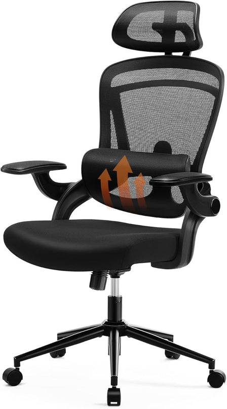Ergonomic Office Chair, High Back Desk Chair with Adjustable Lumbar Support & Headrest,Comfortable Mesh Computer Chair with Soft Flip Up Arms, Adjustable Height and 120°Tilt,Black - LeafyLoom