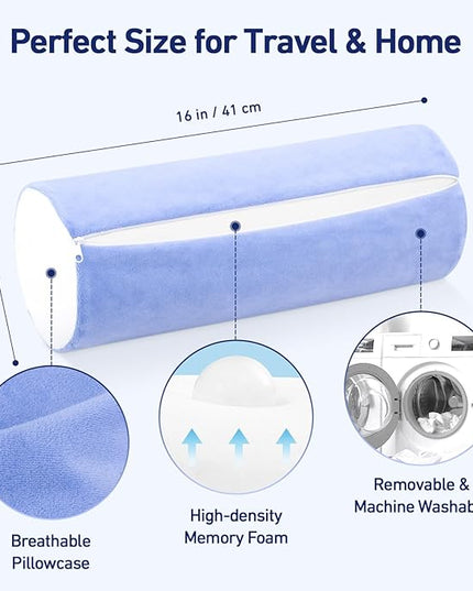 Neck Roll Pillow for Sleeping - Memory Foam Neck Roll Pillow for Neck & Leg Support - Multifunctional Bolster Pillow for Bed, Couch, Yoga, Office, and Travel, 16x6.3 Inch (Blue White) - LeafyLoom