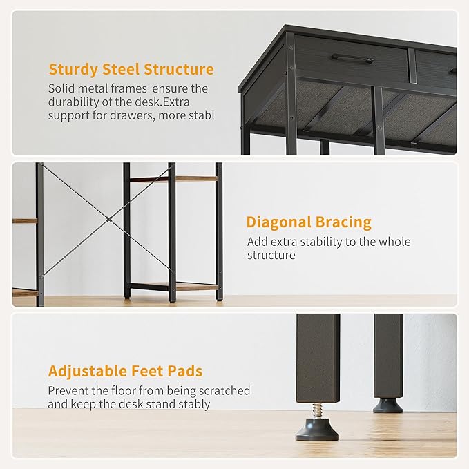 CubiCubi 47 Inch Computer Desk with 3 Drawers and Storage Shelves, Small Home Office Desk, Study Writing Table, Simple Desk for Bedroom, Black - LeafyLoom