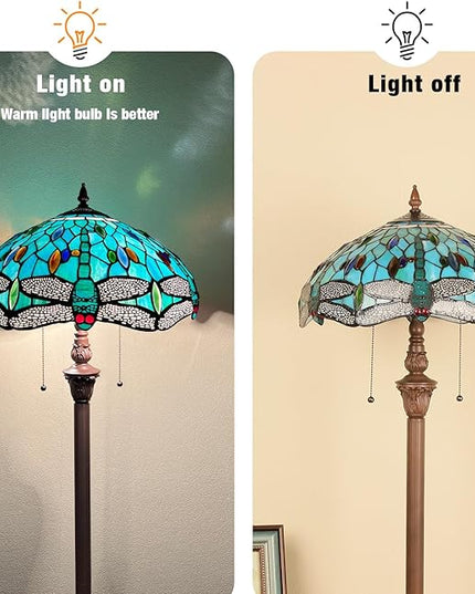 Capulina Tiffany Floor Lamp Sea Grass Dragonfly Style Stained Glass Standing Light Industrial Dark Bronze Pole for Living Room Bedroom Home Office - LeafyLoom