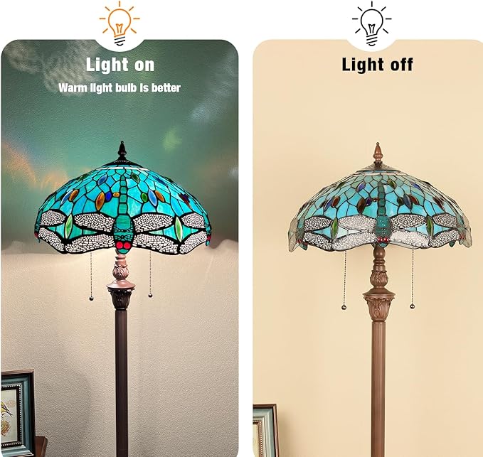 Capulina Tiffany Floor Lamp Sea Grass Dragonfly Style Stained Glass Standing Light Industrial Dark Bronze Pole for Living Room Bedroom Home Office - LeafyLoom