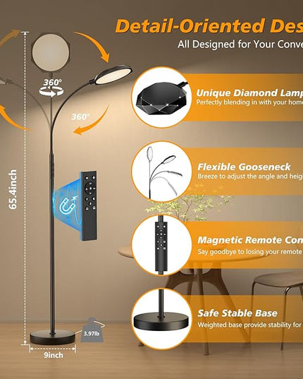 LED Floor Lamp, 18W Bright Floor Lamps for Living Room, Stepless Adjustable Colors & Brightness Standing Lamp with Timer, Remote & Touch Control, Eye Caring Reading Lights for Bedroom,Office - LeafyLoom
