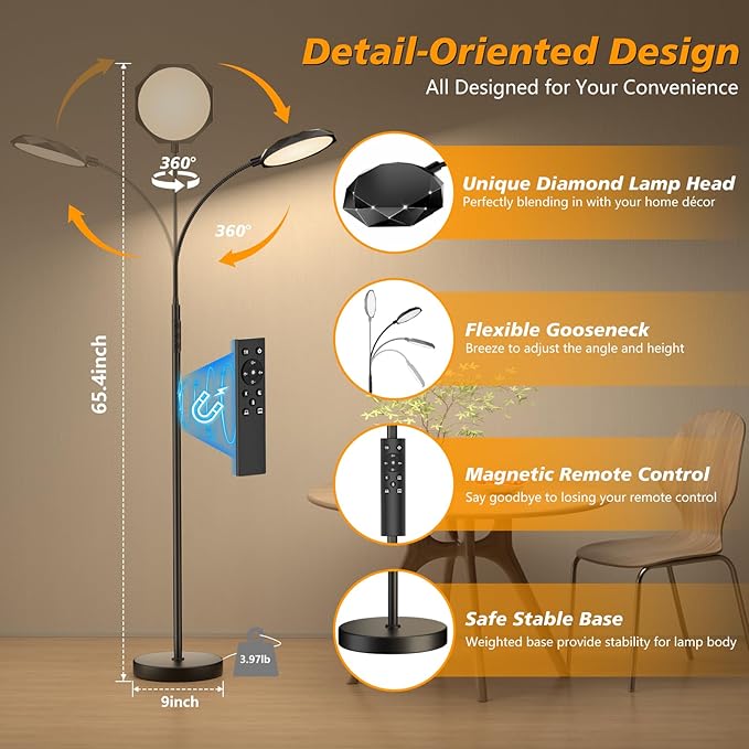 LED Floor Lamp, 18W Bright Floor Lamps for Living Room, Stepless Adjustable Colors & Brightness Standing Lamp with Timer, Remote & Touch Control, Eye Caring Reading Lights for Bedroom,Office - LeafyLoom