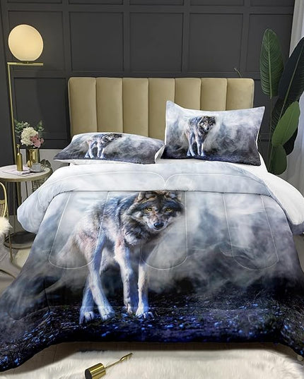 Bodhi Wild Wolf Comforter Set Twin for Boys,Mens Wolf Bedding Set, Wolf Standing in The Forest Surrounded by Fog, Wolf Comforter with Matching Pillowcases, 1 Comforter+1 Pillow Shams #4018 - LeafyLoom