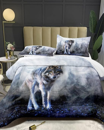 Bodhi Wild Wolf Comforter Set King for Boys,Mens Wolf Bedding Set, Wolf Standing in The Forest Surrounded by Fog, Wolf Comforter with Matching Pillowcases, 1 Comforter+2 Pillow Shams #4018 - LeafyLoom