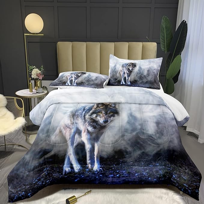 Bodhi Wild Wolf Comforter Set King for Boys,Mens Wolf Bedding Set, Wolf Standing in The Forest Surrounded by Fog, Wolf Comforter with Matching Pillowcases, 1 Comforter+2 Pillow Shams #4018 - LeafyLoom