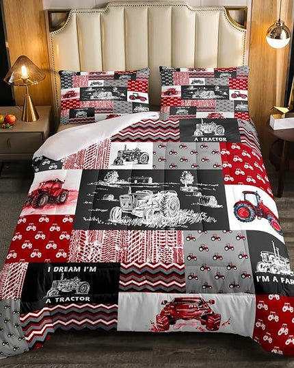 Erosebridal Red Tractor Bedding Set for Boys King,Construction Tractor Comforter Set Kids Teens Equipment Trucks Down Comforter Black White Construction Vehicle Quilt Set Bedroom Decor - LeafyLoom