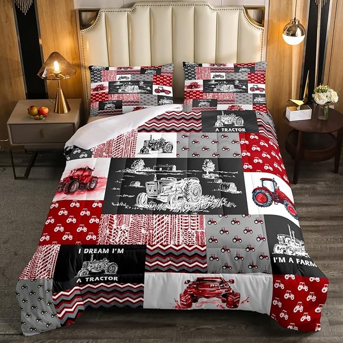 Erosebridal Red Tractor Bedding Set for Boys King,Construction Tractor Comforter Set Kids Teens Equipment Trucks Down Comforter Black White Construction Vehicle Quilt Set Bedroom Decor - LeafyLoom