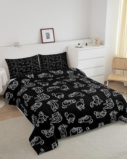 Feelyou Cartoon Cat Bed Sheet Set Cute Pet Cats Kids Comforter Set Animal Pattern Printed Bedding Set Set for Boys Room Decor Kitten Print Bed Cover Twin Size with 2 Pillow Case - LeafyLoom