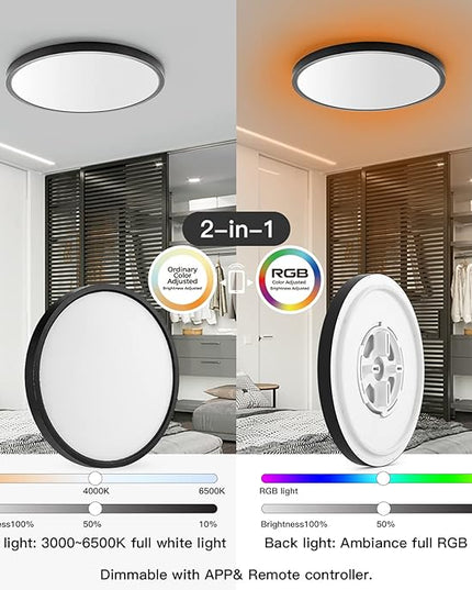 TALOYA Smart Ceiling Light Flush Mount LED WiFi, Compatible with Alexa Google Home, Black Dimmable Low Profile Ambient Light Fixture for Bedroom Living Room,12 Inch 24W Taloya