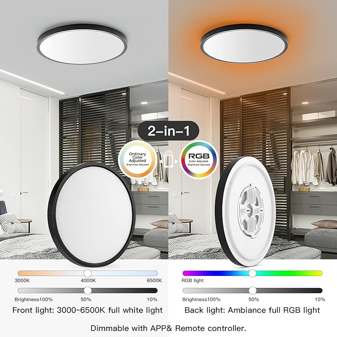 TALOYA Smart Ceiling Light Flush Mount LED WiFi, Compatible with Alexa Google Home, Black Dimmable Low Profile Ambient Light Fixture for Bedroom Living Room,12 Inch 24W Taloya
