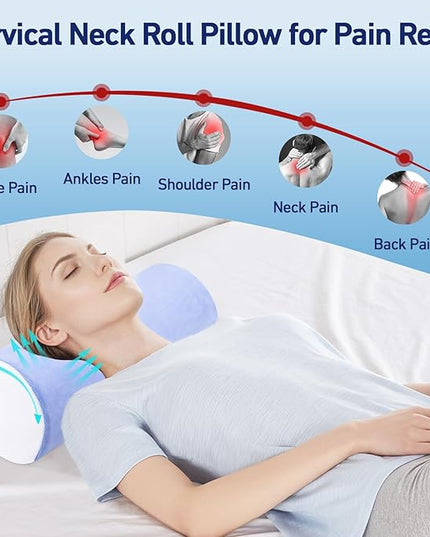 Neck Roll Pillow for Sleeping - Memory Foam Neck Roll Pillow for Neck & Leg Support - Multifunctional Bolster Pillow for Bed, Couch, Yoga, Office, and Travel, 16x6.3 Inch (Blue White) - LeafyLoom