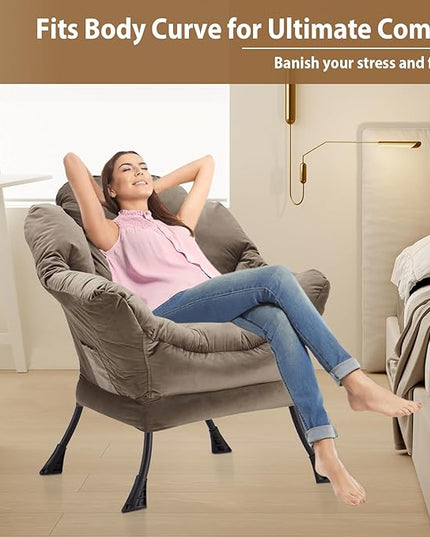 Lazy Chair Thick Padded, Accent Chair Velvet Upholstered with Wide Seat, Stable Metal Frame and Non-Slip Pad, Modern Sofa Armchair with Side Storage Bag for Dorm, Room, Office, Dark Gray - LeafyLoom