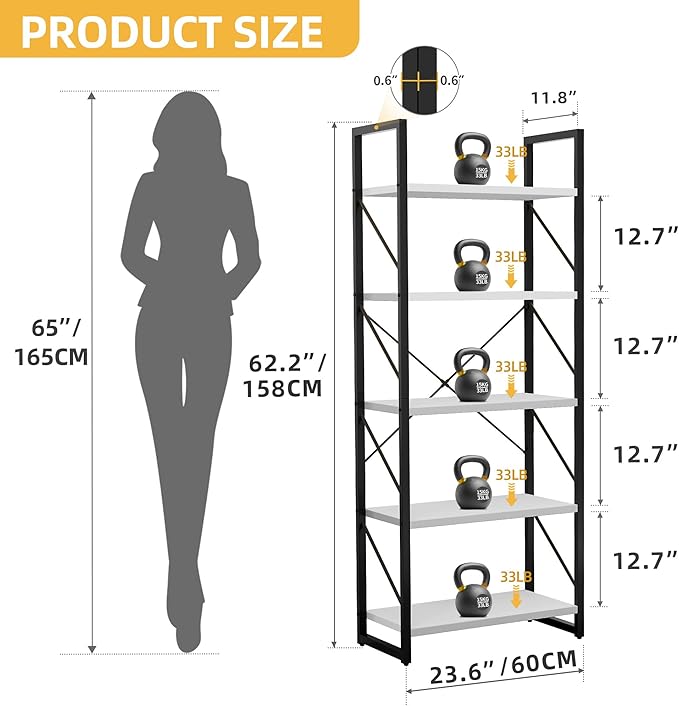 DWVO 5 Tier Bookshelf, White Bookcase Storage Shelves Organizer, Modern Display Rack Standing Book Shelves for Bedroom,Living Room,Office,Kitchen, White & Black - LeafyLoom