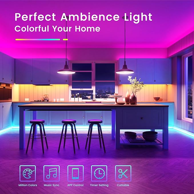 TJOY 50ft Bluetooth LED Strip Lights, Music Sync 5050 LED Light Strip RGB Color Changing LED Lights Strip with Phone Remote, LED Lights for Bedroom Kitchen TV Party TIKTOK DIY (APP+Remote +Mic) TJOY