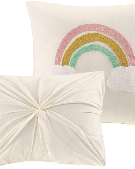 Callie Cotton Jacquard Weave Colorful Pom Pom Kids Comforter sets, Down Alternative Shabby Chic All Season Girls Bedding, Bedroom Decor, Full/Queen, Multi 5 Piece - LeafyLoom