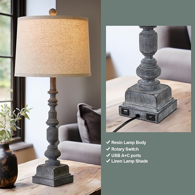 Oneach 27.75" Vintage Farmhouse USB A+C Table Lamps Set of 2 for Living Room Traditional Bedside Lamps for Bedroom Office Mid Century Table Lamp Antique Grey Accent Rustic Lamps for End Table - LeafyLoom