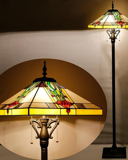 Tiffany Floor Lamp Mission Style Stained Glass Standing Reading Light 16X16X64 Inch Tulip Flower - LeafyLoom