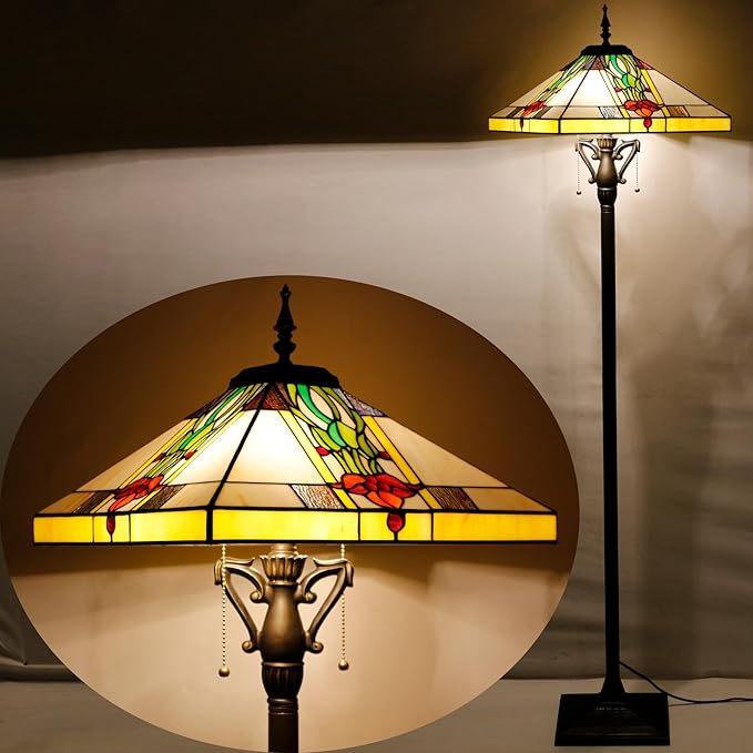 Tiffany Floor Lamp Mission Style Stained Glass Standing Reading Light 16X16X64 Inch Tulip Flower - LeafyLoom