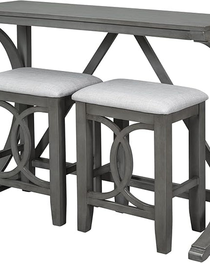 Voohek 3 Piece Counter Height Dining Set, Sofa Table with 2 Stools and USB Port for Bar, Console, Kitchen, Living Room, Apartment, Office, Small Places, Gray - LeafyLoom