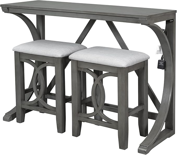 Voohek 3 Piece Counter Height Dining Set, Sofa Table with 2 Stools and USB Port for Bar, Console, Kitchen, Living Room, Apartment, Office, Small Places, Gray - LeafyLoom