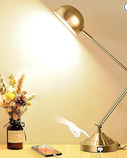Architect Gold Desk Lamp Dimmable with USB Port, Adjustable Touch Control Vintage Desk Lamp 3 Color Modes, Brass Metal Desk Lamp Retro Style Reading Light for Home Office Desk Bedside Table - LeafyLoom