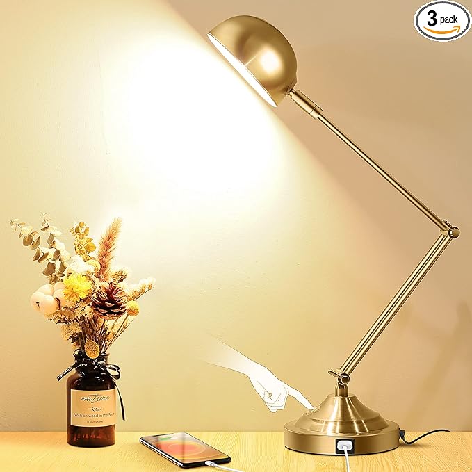 Architect Gold Desk Lamp Dimmable with USB Port, Adjustable Touch Control Vintage Desk Lamp 3 Color Modes, Brass Metal Desk Lamp Retro Style Reading Light for Home Office Desk Bedside Table - LeafyLoom