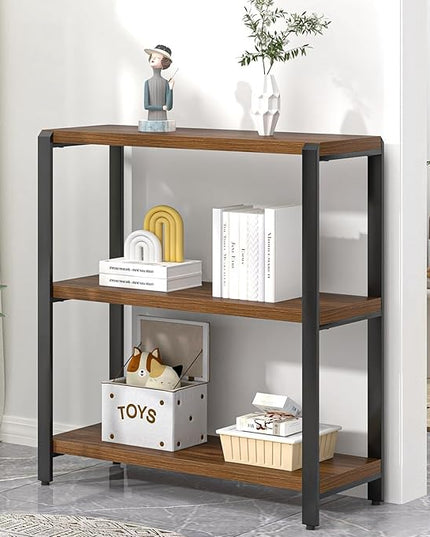 FOLUBAN Small Bookshelf and Bookcase, 3 Tier Low Short Book Shelf, Industrial Metal and Wood Book Case for Living Room Bedroom, Rustic Walnut - LeafyLoom