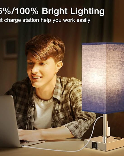 aooshine SW1 Blue Touch Lamp Set of 2 with USB Port Nightstand Lamp with USB-C+A Charge Ports& AC Outlets, 3-Way Dimmable Bedside Lamp, Small Table Lamp for Bedroom Living Room (Bulb Included) - LeafyLoom