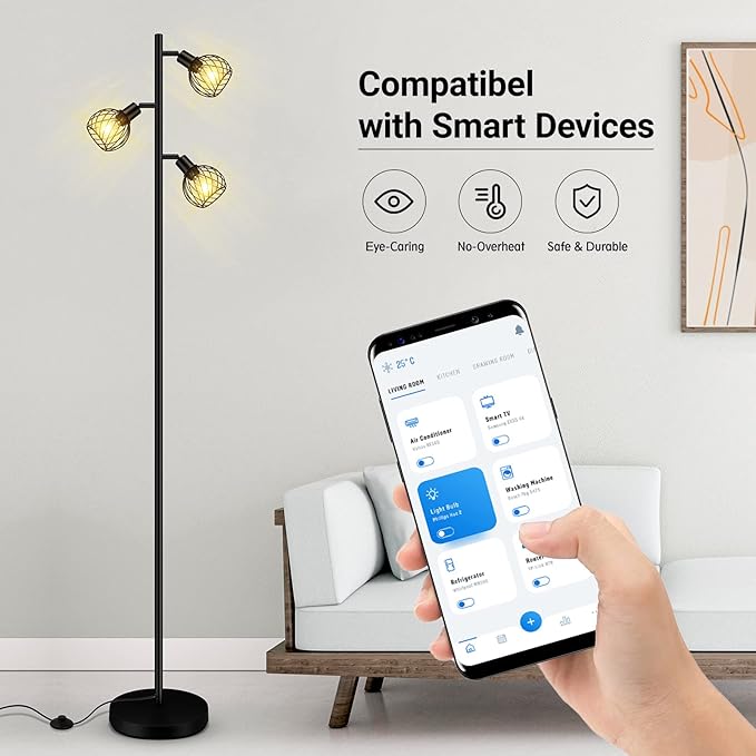 Floor Lamp, Industrial Floor Lamp, Modern Standing lamp with 3 Adjustable Light, 4W E12 LED Bulbs, Metal Stand Up Lamps, Vintage Farmhouse Tree Floor Lamps for Living Room/Bedroom/Office, Black - LeafyLoom