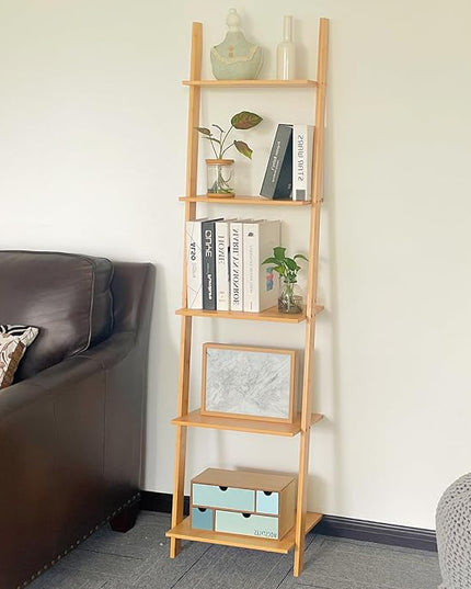 HYNAWIN Ladder Shelf Bookcase,5-Tier Bamboo Storage Rack Shelves Wall Leaning Shelf Unit,FreeStanding Plant Stand, Corner Display Shelves for Living Room, Bathroom, Kitchen, Office(65in) - LeafyLoom