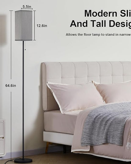 Grey Floor Lamp for Bedroom Modern - 3 Color Temperature Black Standing Lamps with Pull Chain Switch, Tall Lamp for Office Home Nursery and Hotel, Pole Lamp for Reading - LeafyLoom