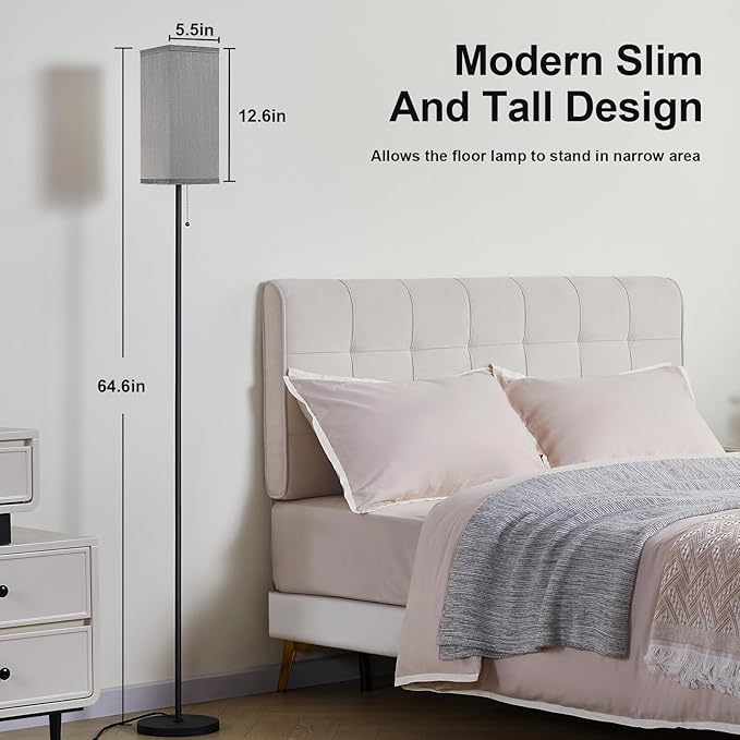 Grey Floor Lamp for Bedroom Modern - 3 Color Temperature Black Standing Lamps with Pull Chain Switch, Tall Lamp for Office Home Nursery and Hotel, Pole Lamp for Reading - LeafyLoom