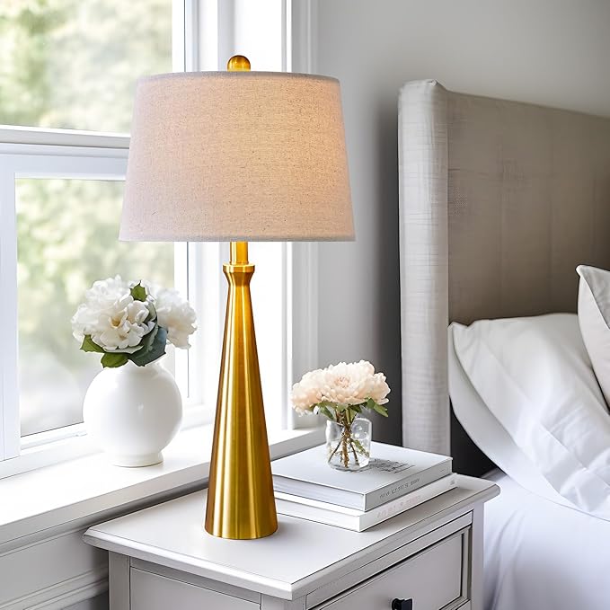 Oneach 25.75” Modern Table Lamps with USB Port Set of 2 Accent Gold Nightstand Lamp for Living Room Bedroom Office Antique Brass - LeafyLoom