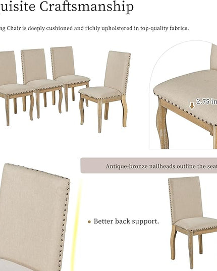 RITSU 5 Piece Farmhouse Round Retractable Table Set with 4 Upholstered Dining Chairs, Copper Ingot Trim, MDF and Smooth Material for Living Room, Apartment, Natural Wood Wash, 58inch - LeafyLoom