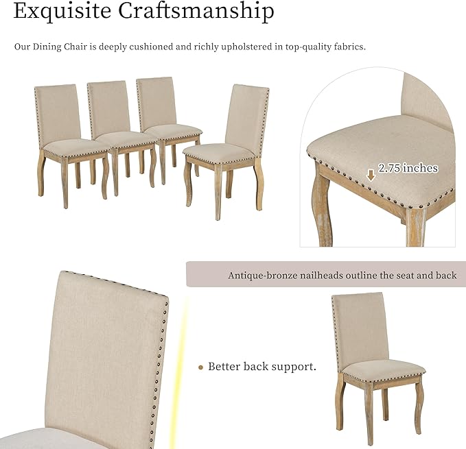 RITSU 5 Piece Farmhouse Round Retractable Table Set with 4 Upholstered Dining Chairs, Copper Ingot Trim, MDF and Smooth Material for Living Room, Apartment, Natural Wood Wash, 58inch - LeafyLoom