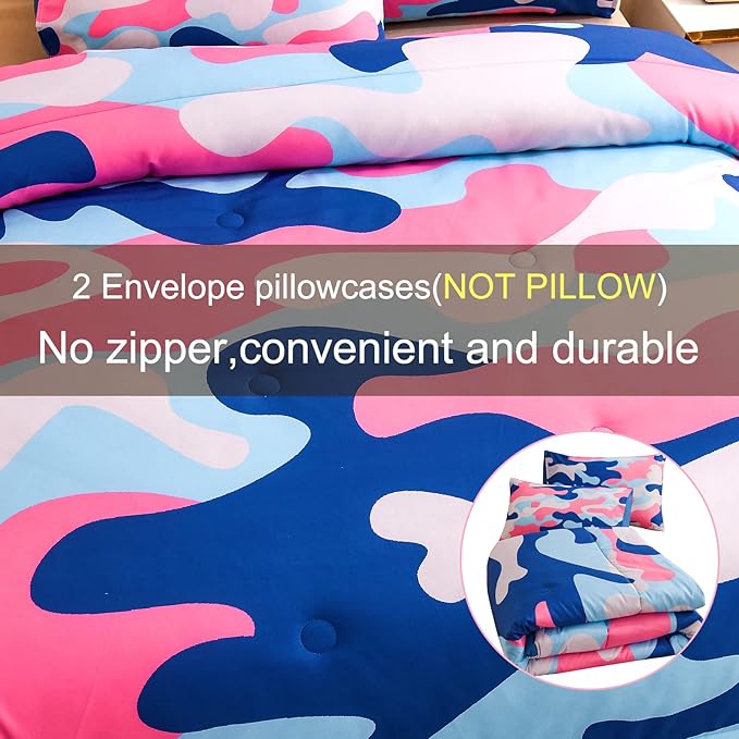 Meeting Story Camouflage Bedding Set, Colorful Pattern Style Queen Camouflage Comforter Set, 3 PCS 1 Comforter and 2 Pillowcases in 1 Bag, All Season Bedspread for Kids Teens Adults (Blue, Queen) - LeafyLoom