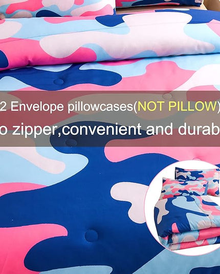 Meeting Story Camouflage Bedding Set, Colorful Pattern Style Twin Camouflage Comforter Set, 3 PCS 1 Comforter and 2 Pillowcases in One Bag, All Season Bedspread for Kids Teens Adults (Blue, Twin) - LeafyLoom