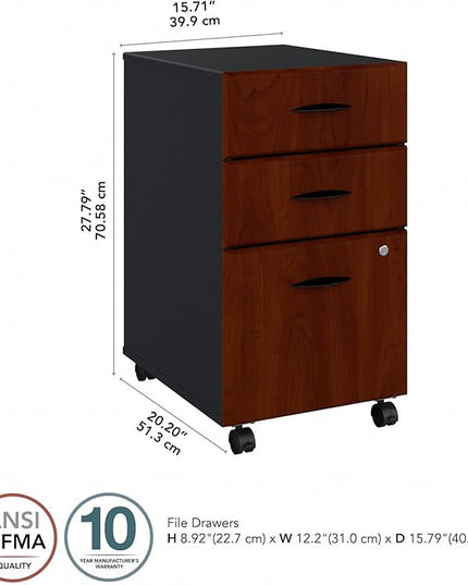 Bush Business Furniture Series A 3 Drawer Mobile File Cabinet in Hansen Cherry & Galaxy - Assembled, Rolling Document Storage for Home or Professional Office - LeafyLoom